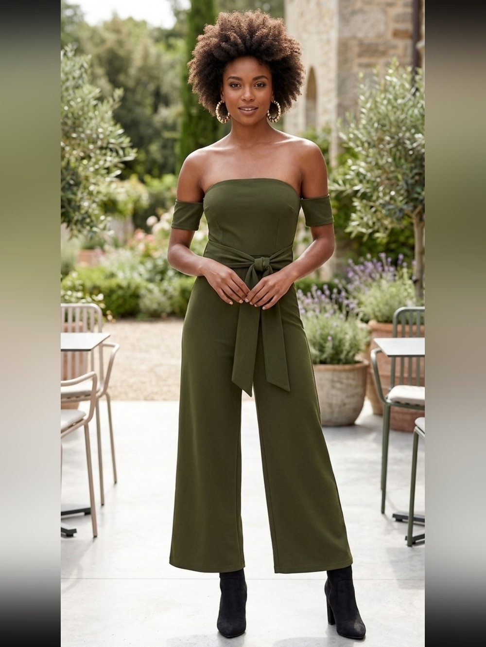 Selfie Leslie Olive Green Women's Off-Shoulder Culotte Wide Leg Jumpsuit Size S